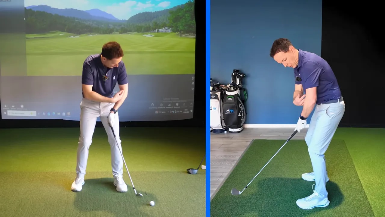 Instructor demonstrates butt end rising momentum pattern in a senior-friendly golf swing drill