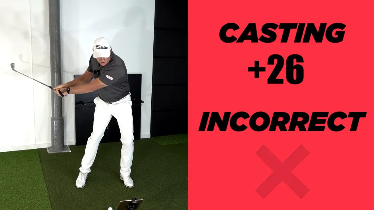 Coaching alert graphic showing casting plus 26 incorrect during golf swing analysis