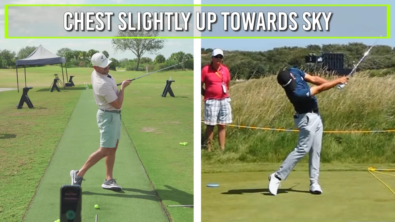 Two golf swings side-by-side with chest slightly up to allow arm extension