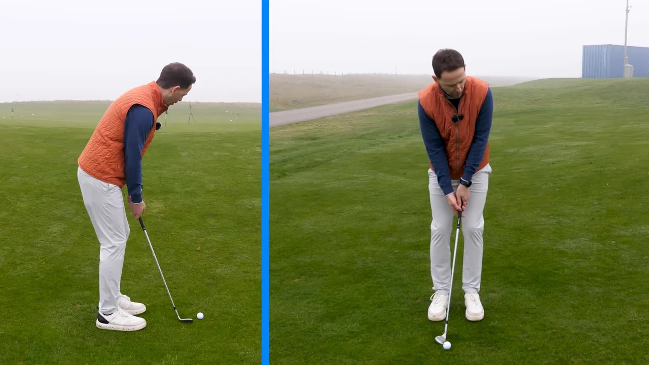 Side and front split-screen of a golfer at address for a chip shot showing posture and club position