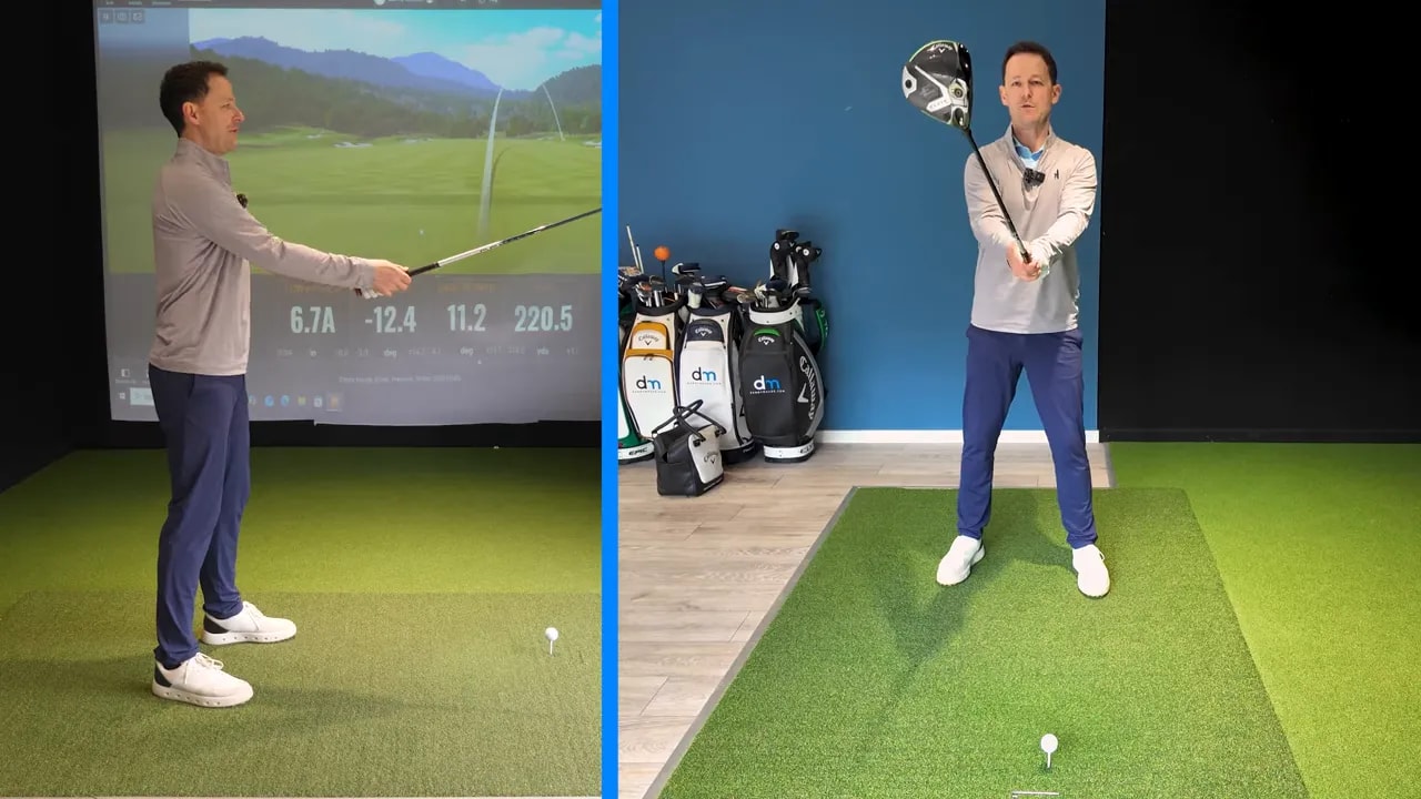 Front and side split of an instructor holding a driver out in front to demonstrate the club-out drill and forward ball position with a tee visible