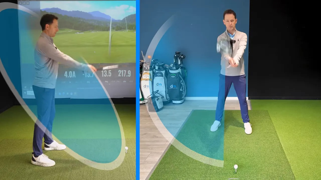 Golfer demonstrating the driver held straight out in front to show trail arm and club alignment
