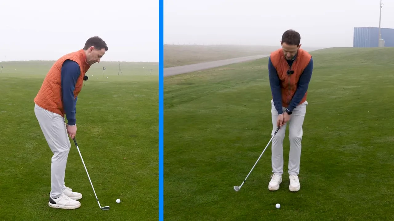 Side and front split-screen of a golfer demonstrating the combined flow, shoulder rock and rise through a chip