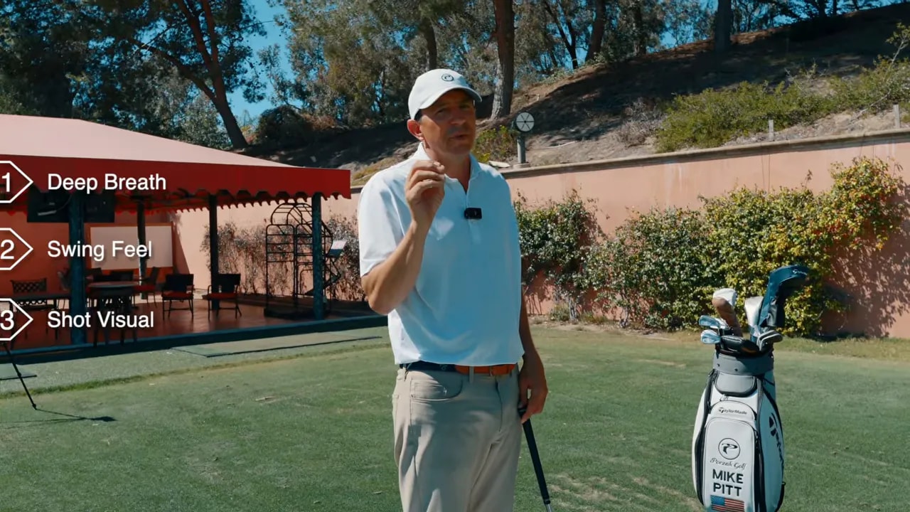 Golf instructor demonstrating deep breath, swing feel, and shot visual steps in a pre-shot routine with on-screen labels