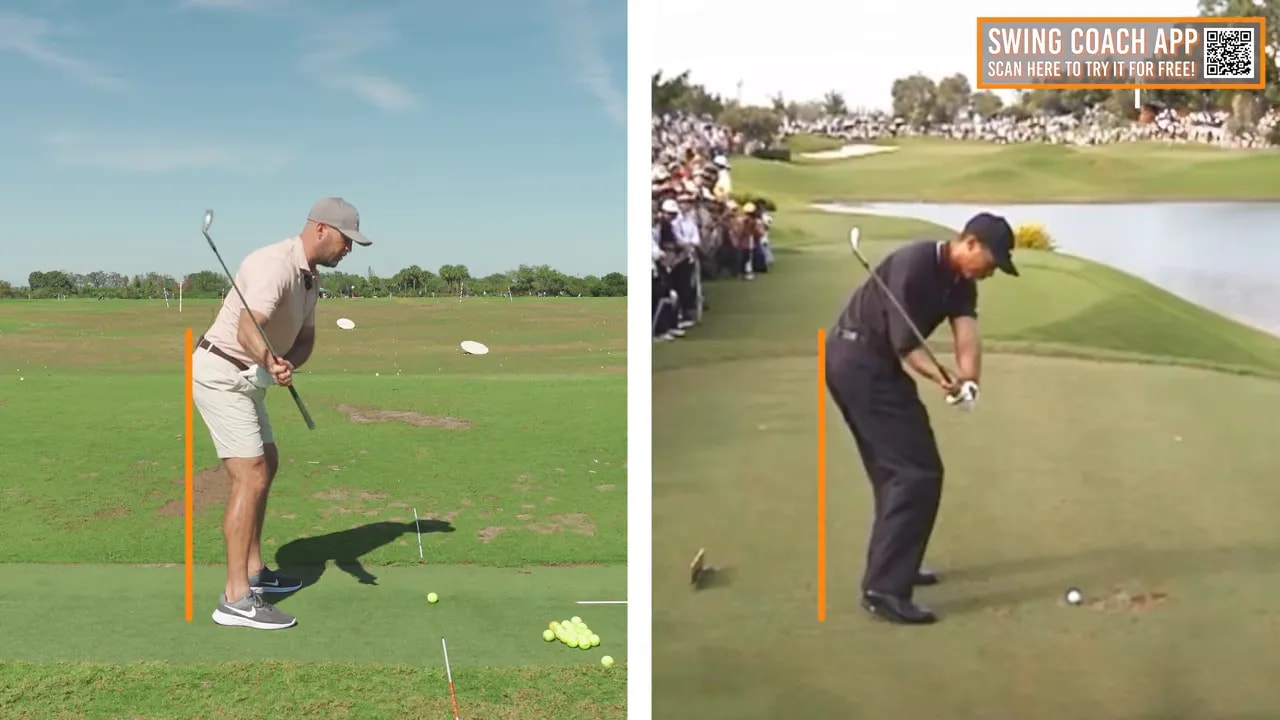 Split screen of two golfers at the downswing with orange vertical lines showing hip depth and spine angle