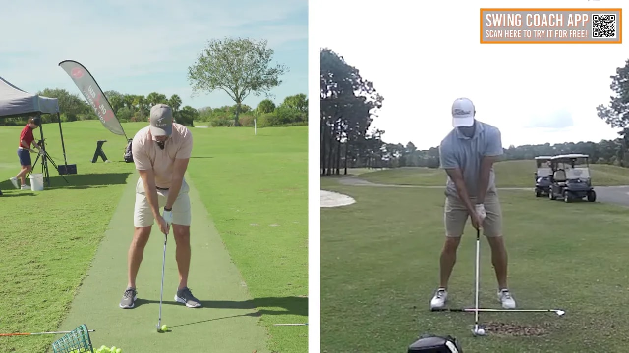 Split view: face-on and down-the-line frames showing the golfer at address with an alignment rod on the ground to verify the butt of the club tracks to the target line