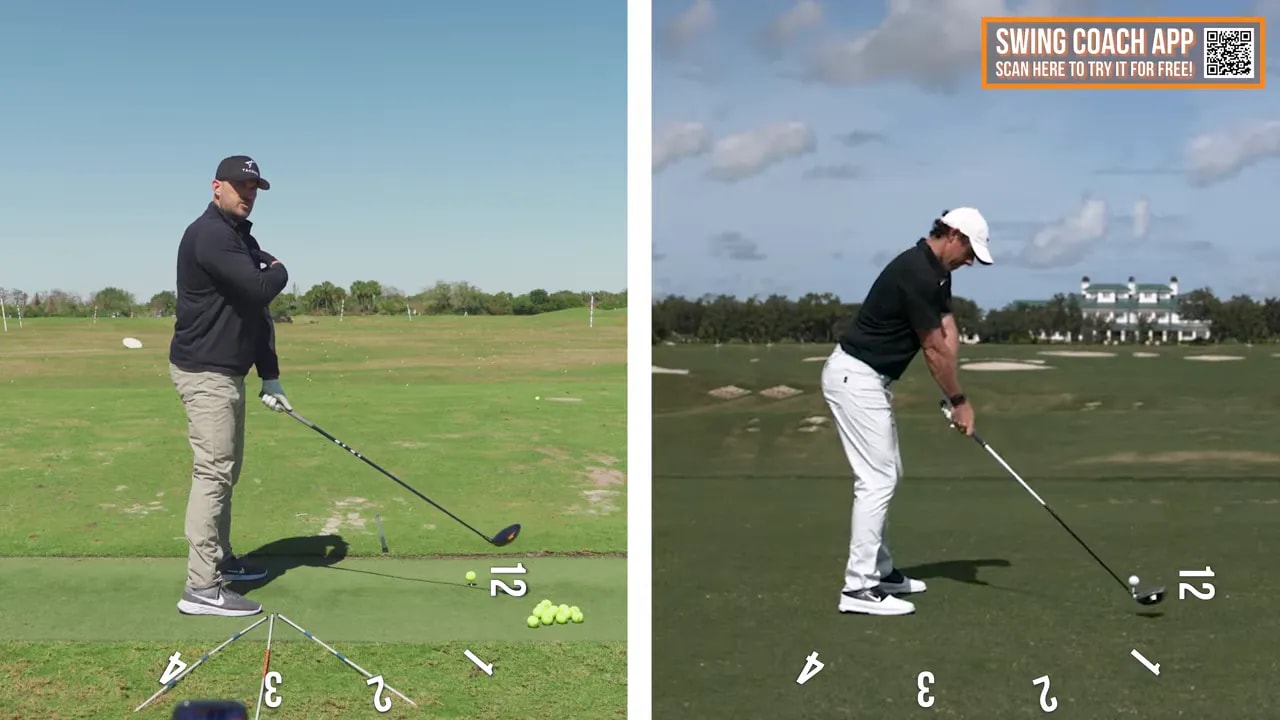 Split-screen checkpoint view of golfer transition and club feel for effortless power using Swing Coach app overlay