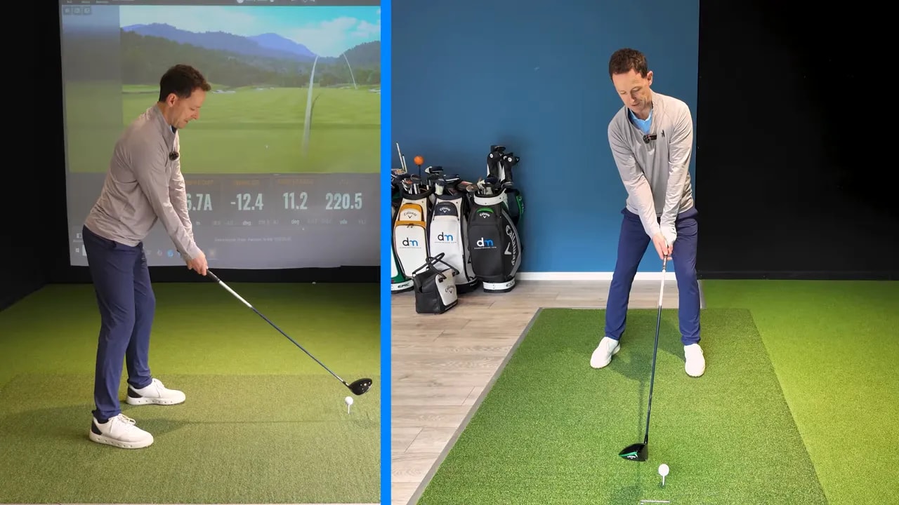 Split-side and front view of instructor at driver address showing lead elbow pointing to target and trail elbow toward the hip