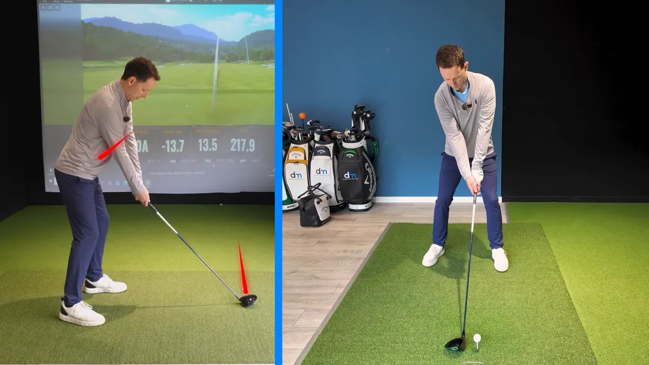 Annotated split-screen image showing the trail elbow pointing toward the hip and the club low point; highlights elbow and club relationship for draw-friendly forearm alignment.