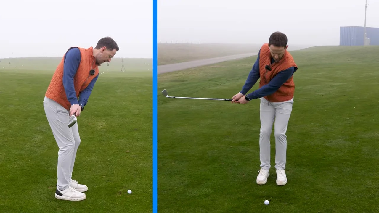 Split-screen side and front views of a golfer demonstrating a flowing chipping motion with the club through impact