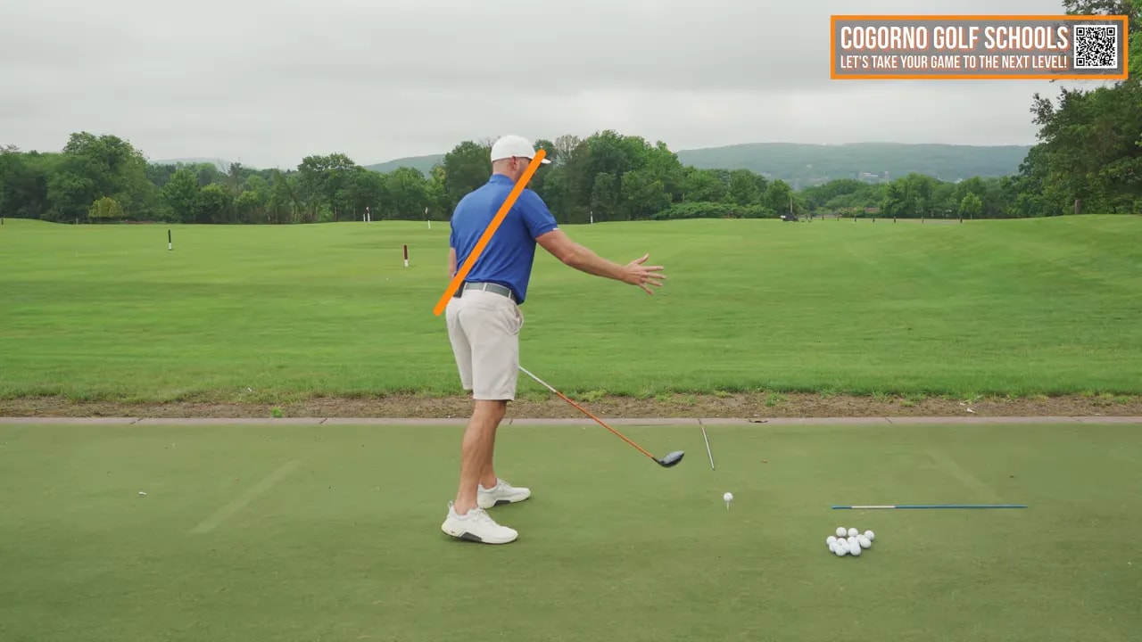 golfer in follow-through with torso tilt and trail shoulder remaining lower
