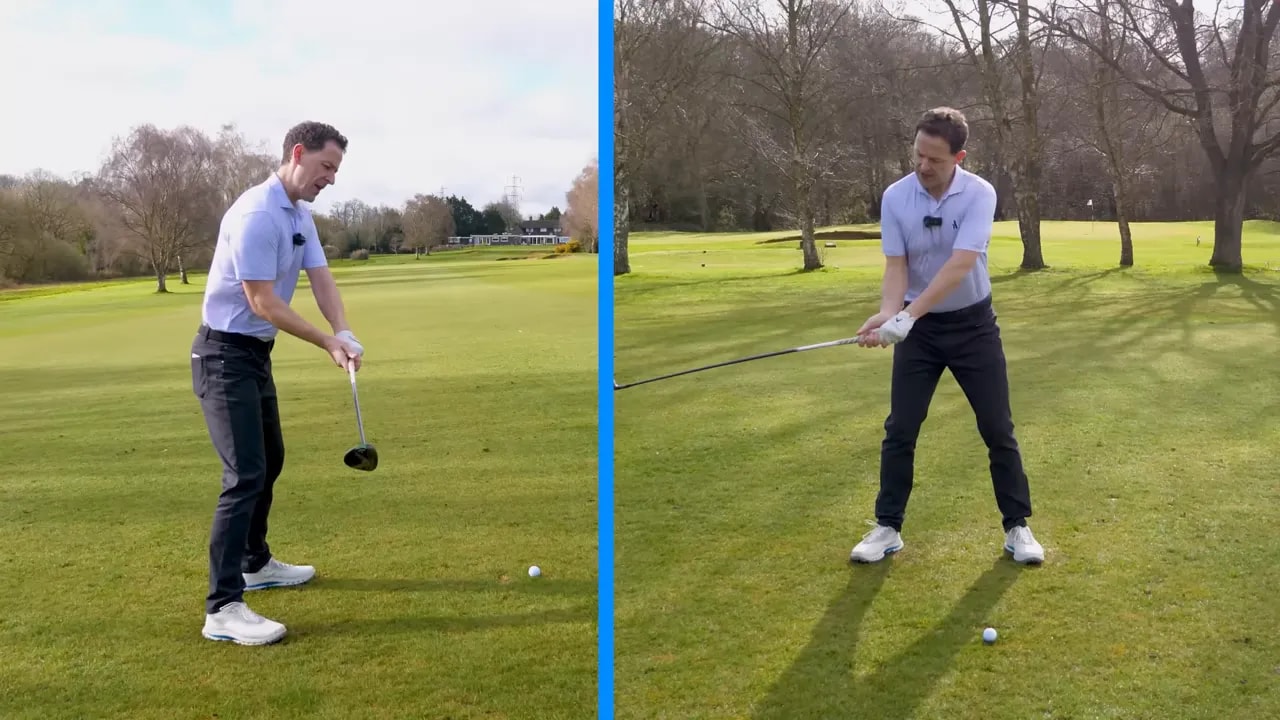 Golfer showing consistent fairway wood setup and ball position on the range