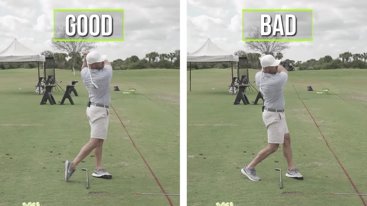 Good vs bad downswing hip motion with stable head toward the target