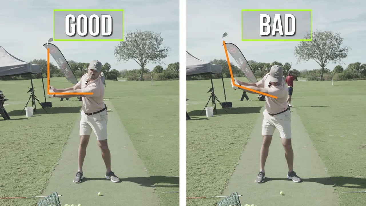 Split image labeled GOOD and BAD showing a correct 90-degree wrist hinge on the left and an incorrect cupped hinge on the right with orange angle overlays