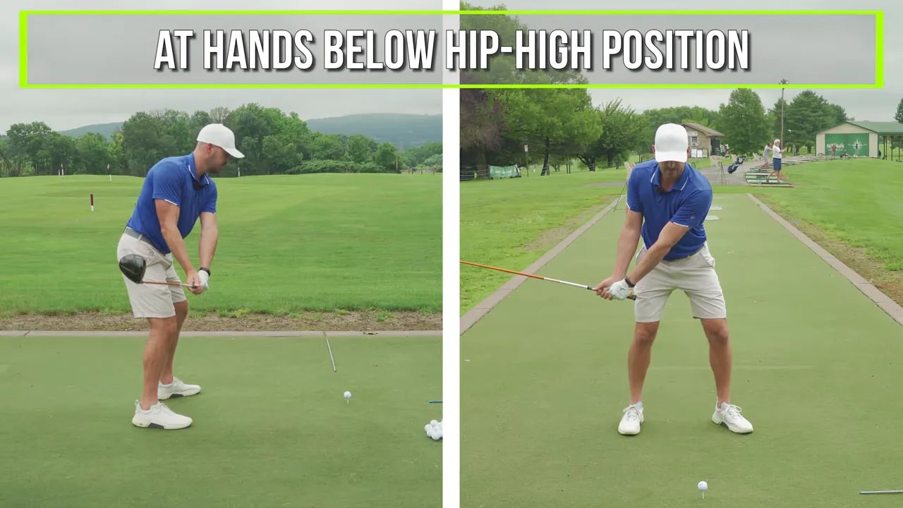 Split view (side and front) showing hands below hip-high position with instructor demonstrating the glove-logo rotation.