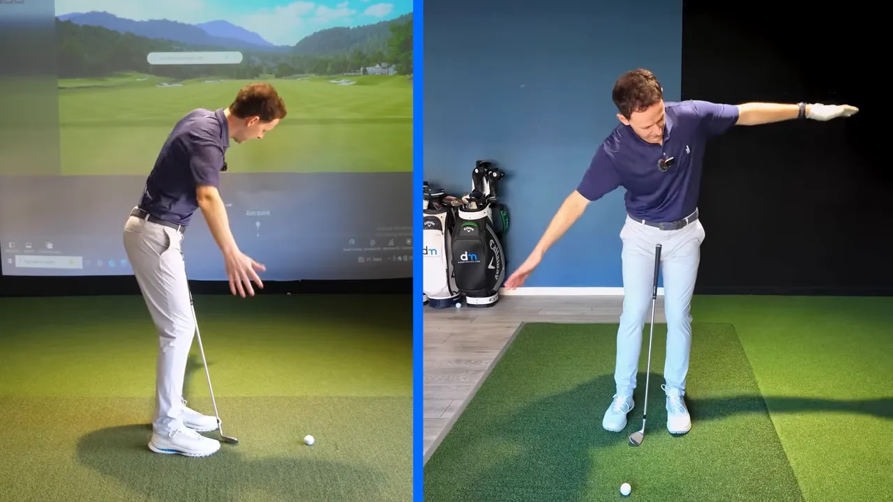 Golfer rehearsing the club motion for the helicopter drill to build repeatable timing