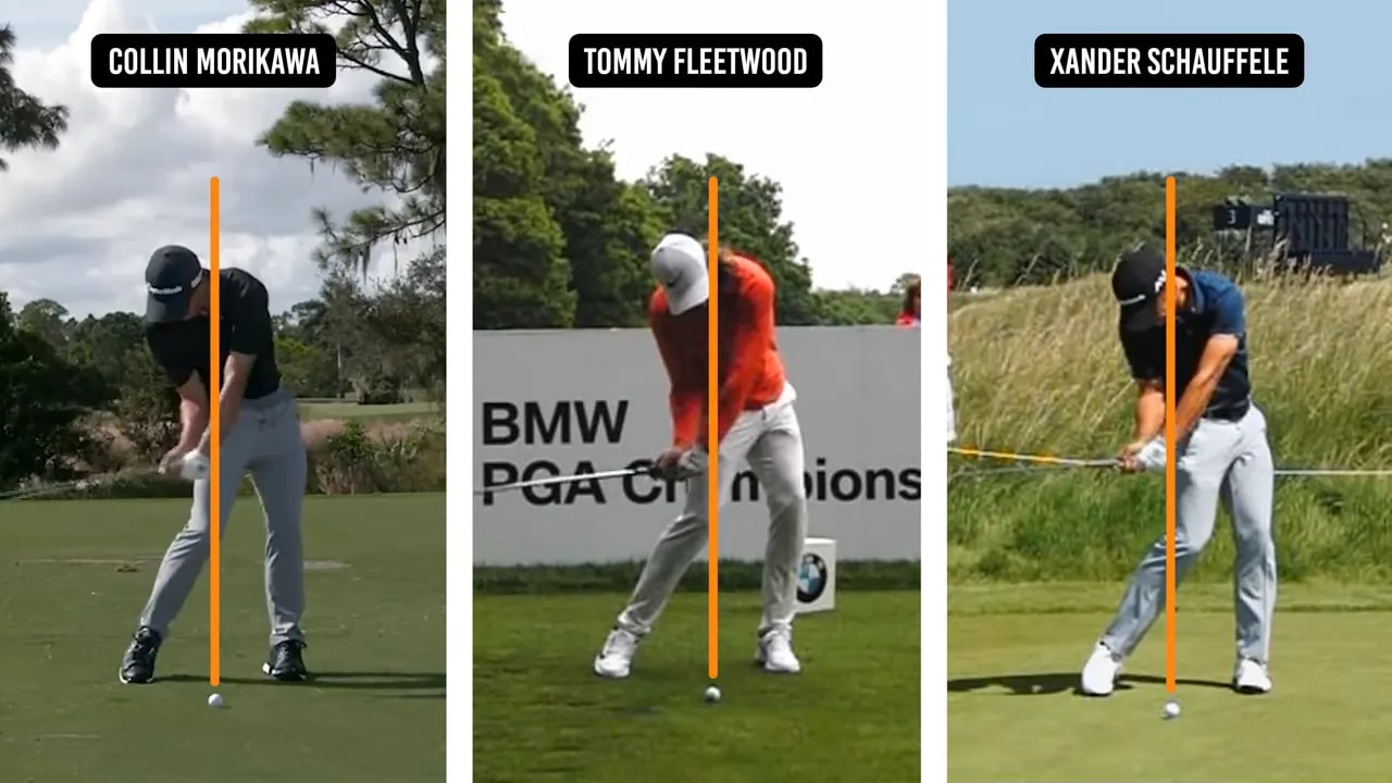 Three side-by-side impact frames with orange vertical reference lines demonstrating head and hip positions at impact for comparison.