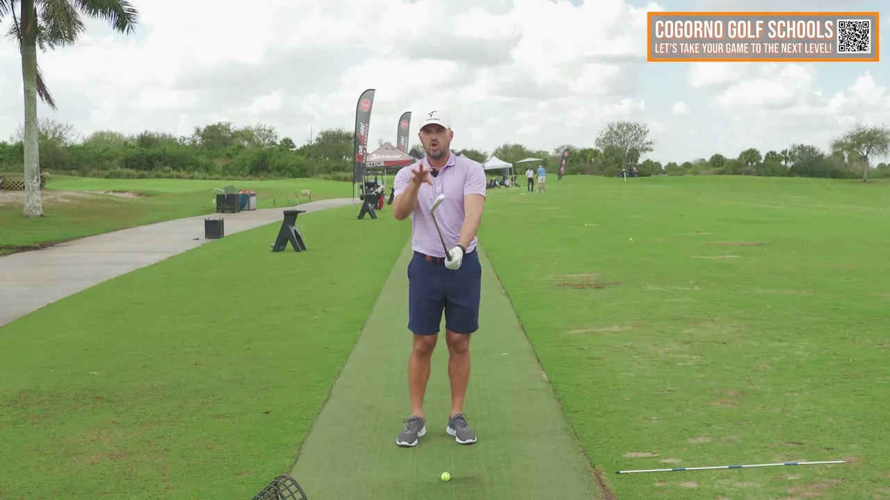 Golfer demonstrating incorrect versus correct feel for lead arm rotation—elbow up and thumb right