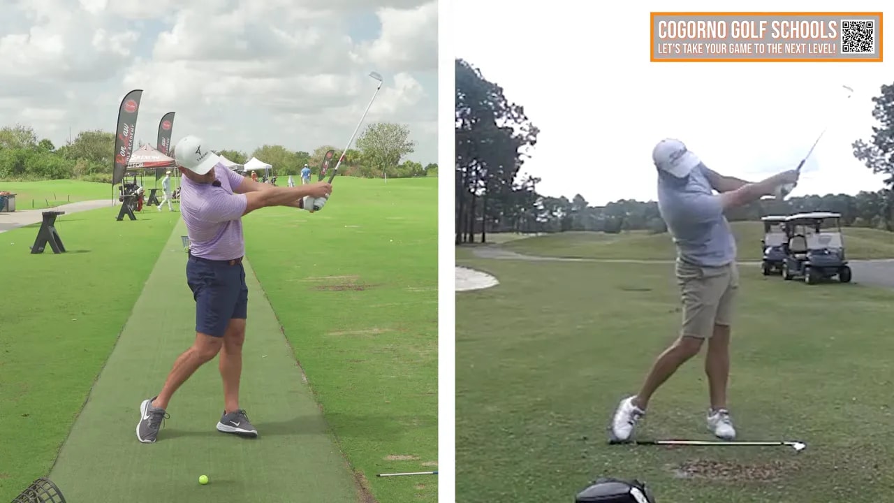 Golfer demonstrating lead arm down-and-up follow-through checkpoint during front-end therapy drill
