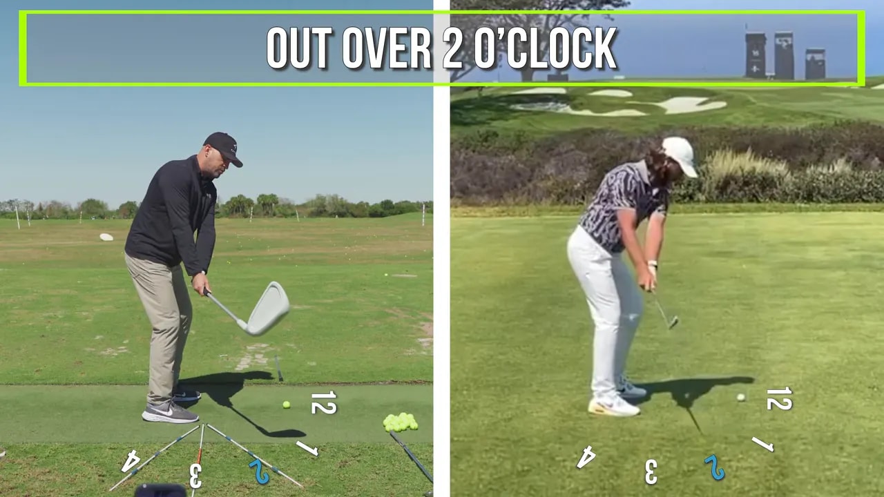 Golfer practice drill showing out over 2 o'clock early takeaway for shaft path