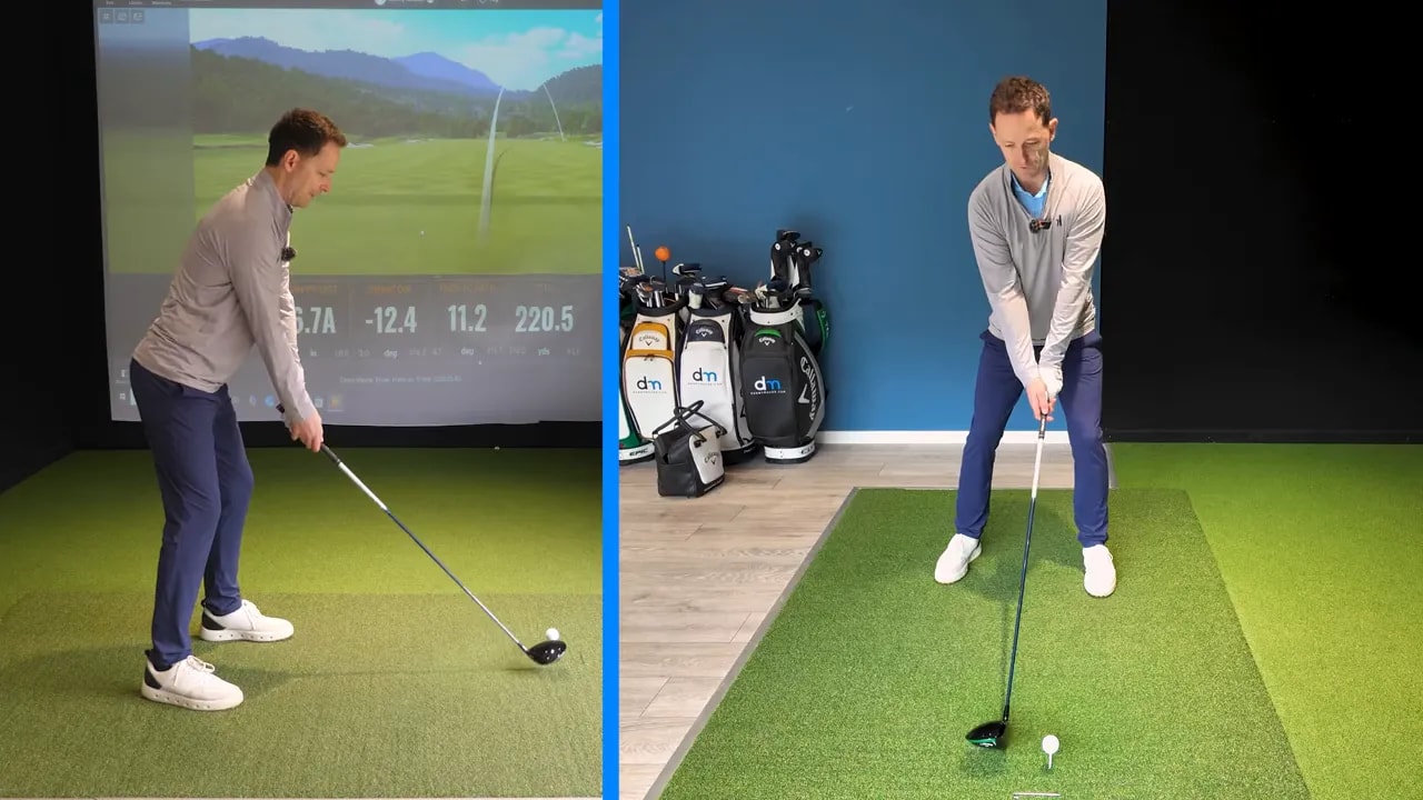 Split-screen side and front view of a golfer at address demonstrating pre-shot setup with the club vertical and the ball positioned off the lead heel.