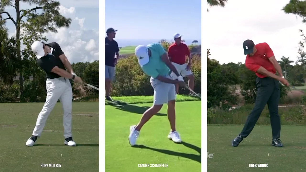 Three professional golfers in side-by-side frames showing through-impact release positions and arm rotation.