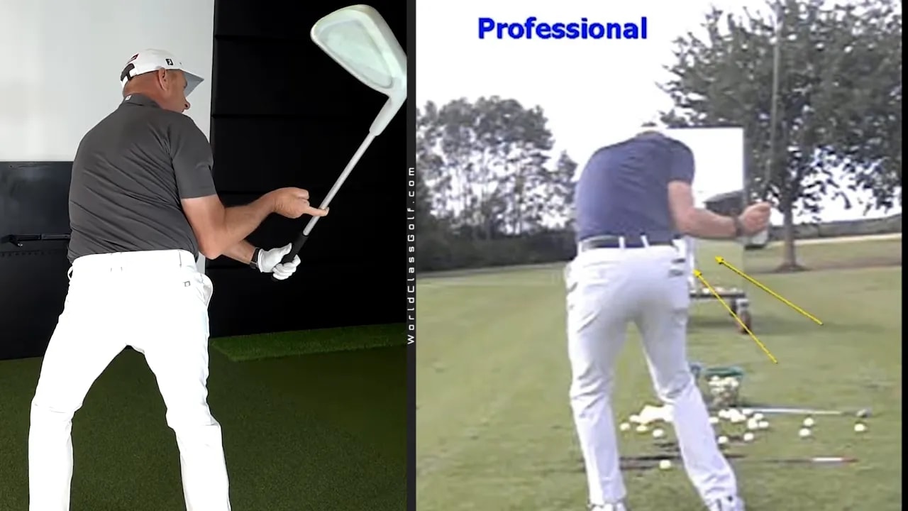 Split-screen golf swing transition comparison with arrows showing professional vs amateur arm and club position