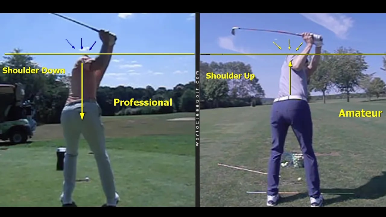 Comparison of shoulder position in golf swing: professional shoulder down vs amateur shoulder up during transition