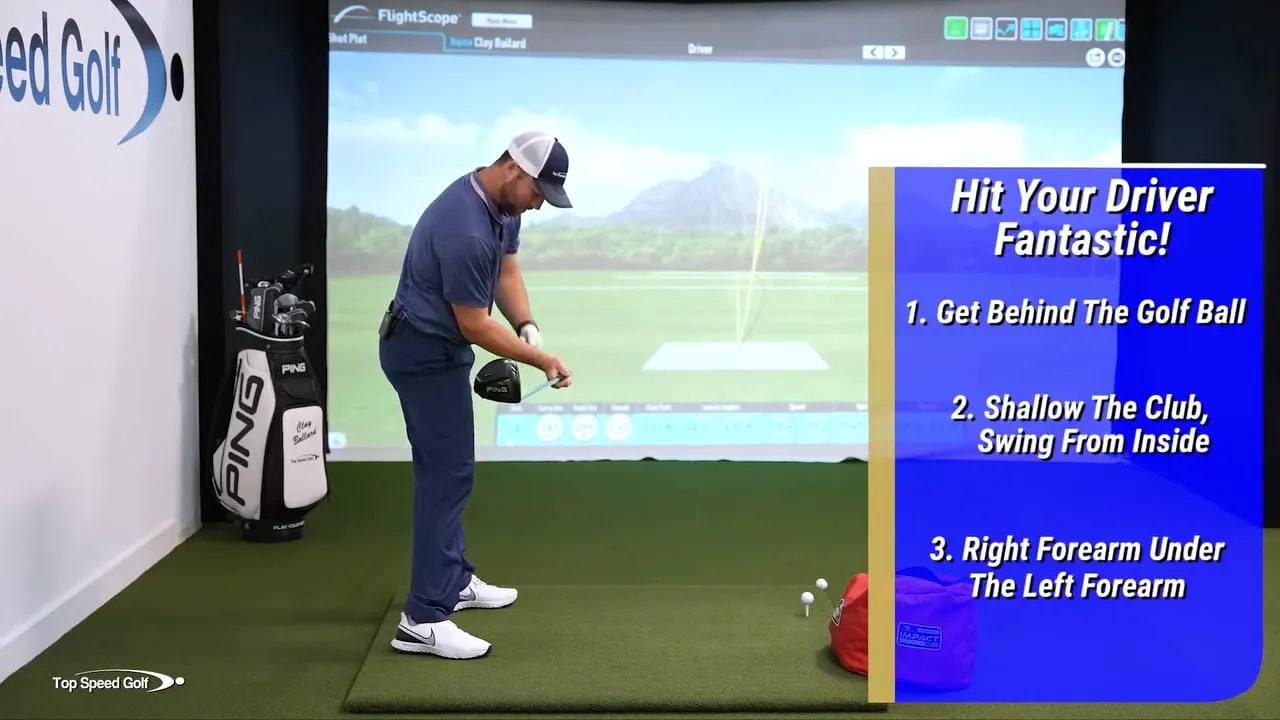 Close view of a golfer’s right forearm sitting under the left forearm near last parallel in a simulator