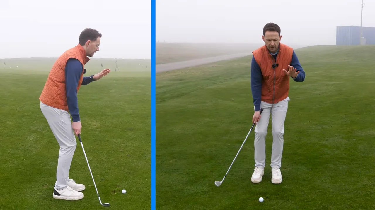 Side and front split-screen of a golfer demonstrating a subtle rise through a chip to keep the arc ahead of the ball.
