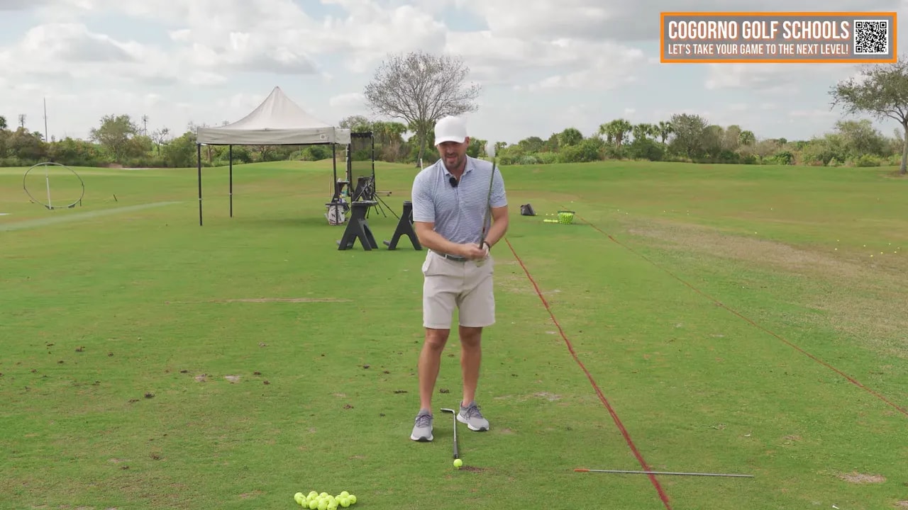 Address and alignment setup for weight-scale knee-forward drill to move hips forward