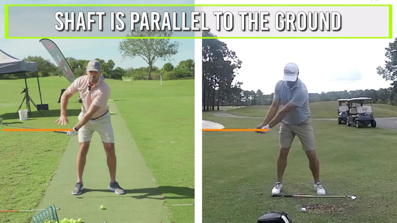 Face-on shot showing the club shaft clearly parallel to the ground at the takeaway with an orange alignment line across the shaft.