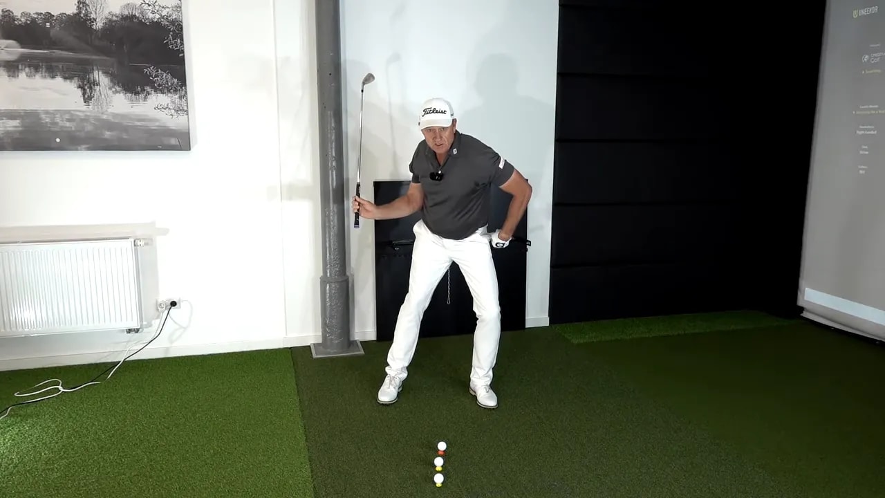 Golfer showing shift and connect feel for narrower downswing compression drill