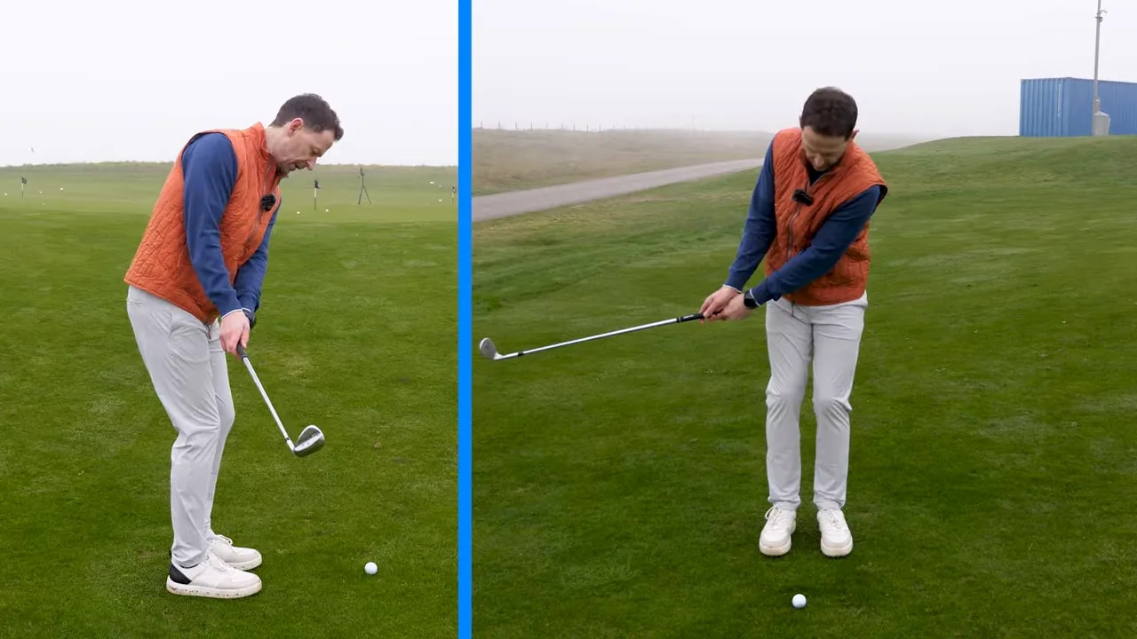 Split-screen of a golfer demonstrating the shoulder-rock chipping motion at impact with hands ahead of the ball