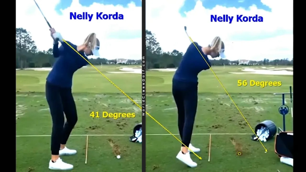 Split-screen professional golfer demonstrating shoulder tilt and impact angles (41° and 56°) with clear contrast