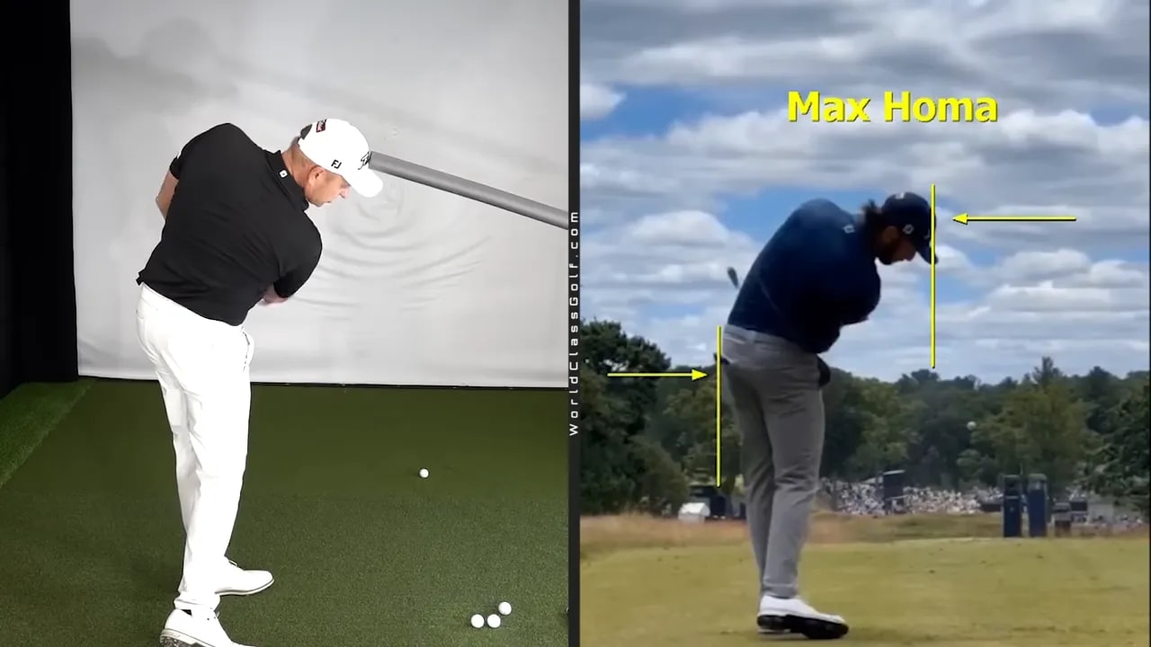 Split-screen comparison of instructor and tour-level player at impact showing head tilt and hip direction with arrows.
