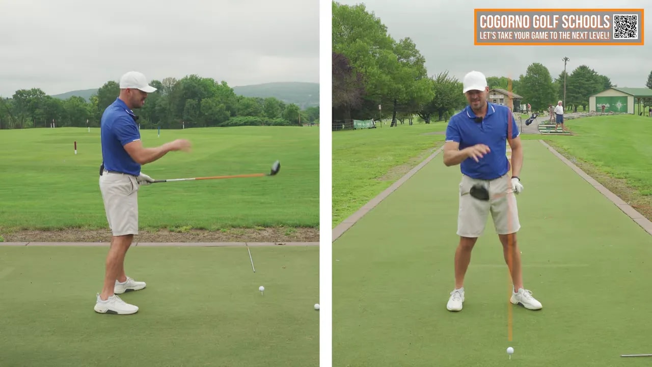 Split-screen side and front views with a vertical orange guide showing the head positioned behind the ball at impact.