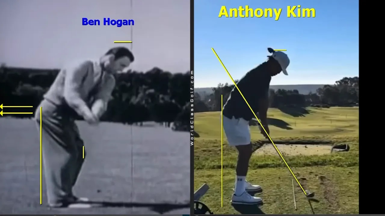 Split-screen impact frame of two golfers with yellow lines highlighting knees, hips and shaft plane
