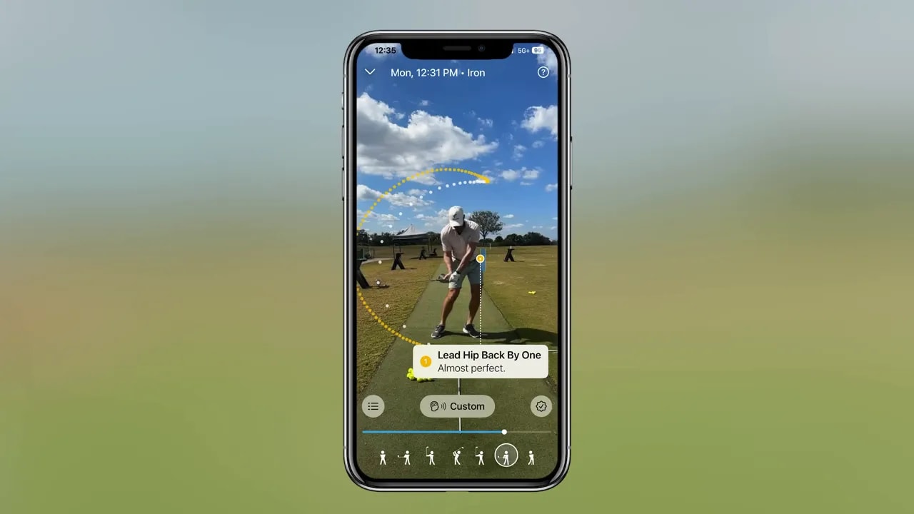 Mobile app screenshot overlaid on a blurred range background showing swing analysis and a 'Lead Hip Back By One' coaching cue.