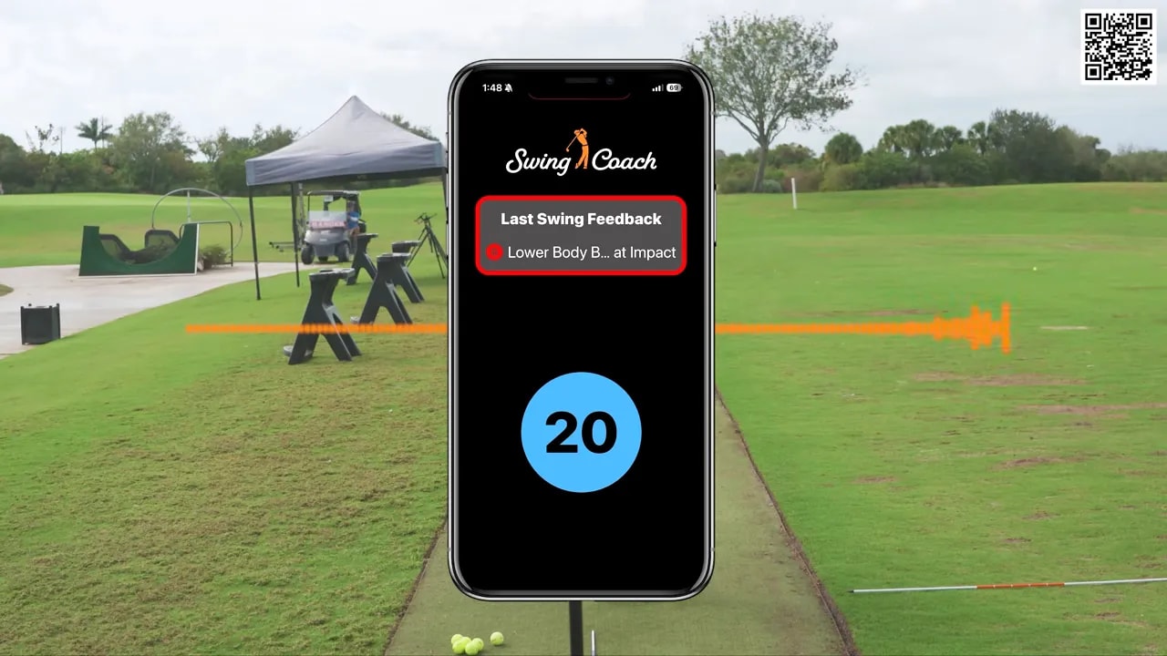 SwingCoach app screen on a phone with 'Last Swing Feedback' highlighted and an orange waveform overlay on a driving range