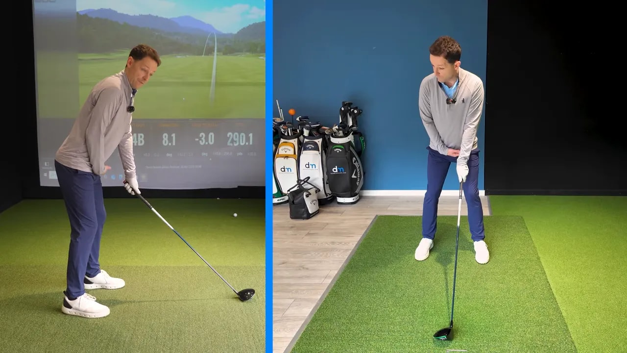 Split-side and front view of an instructor at driver address demonstrating forward hip tilt with arms hanging naturally away from the body.