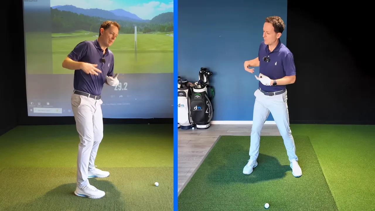 Golf instructor demonstrating tilted-axis setup and helicopter drill on indoor practice bay