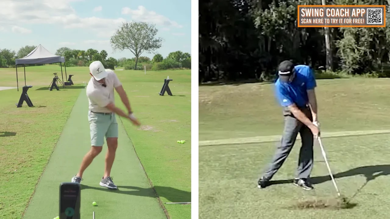 Split-screen of the instructor and a tour pro with the club contacting turf and a visible release — illustrating correct timing of the trail-arm punch.