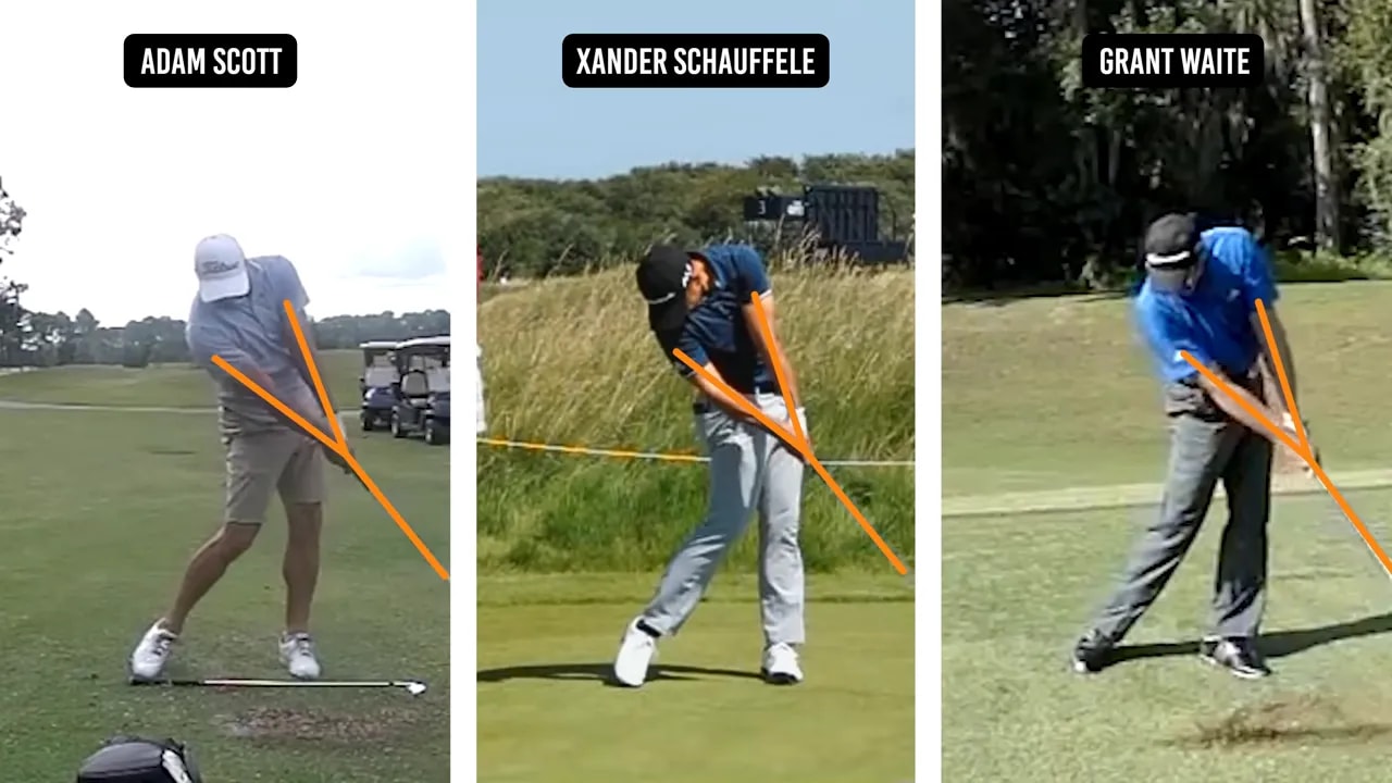Golfers with orange lines illustrating trail arm and shaft extension through impact