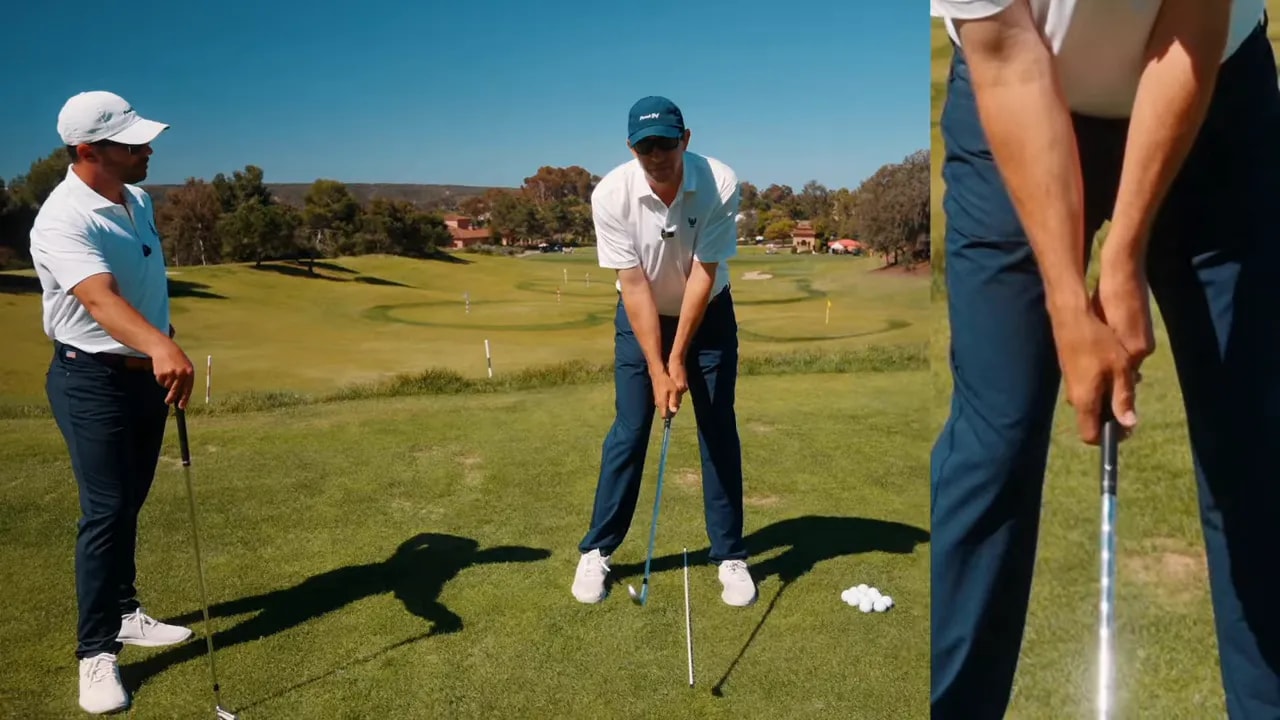Close shot of two golf instructors with an inset close-up of hands on the club showing the trail forearm, wrist and grip
