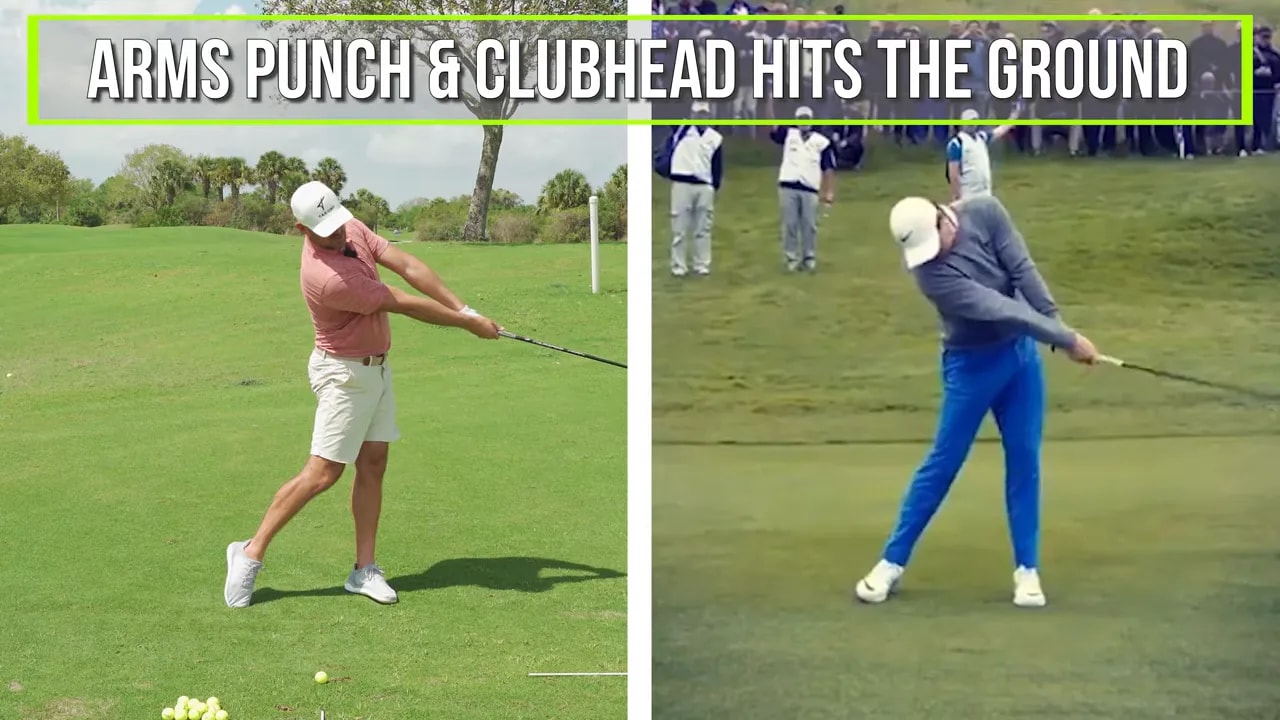 Coach demonstrating fairway wood arms punch while clubhead hits the ground drill with emphasis text