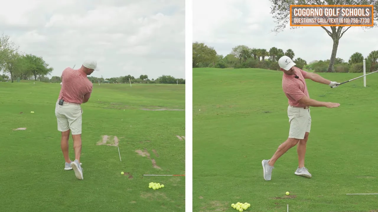 Golfer demonstrating chest rotation outward while staying down through the ball