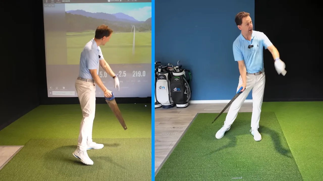 Golf instructor shows club delivery with hands during saw drill to time driver release at impact