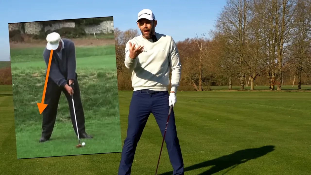 Side-by-side illustration of driver swing position emphasizing head movement and low point behind the ball