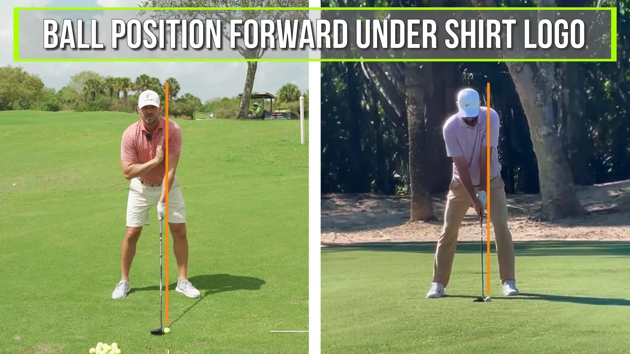Golf fairway wood setup with ball positioned forward under the shirt logo